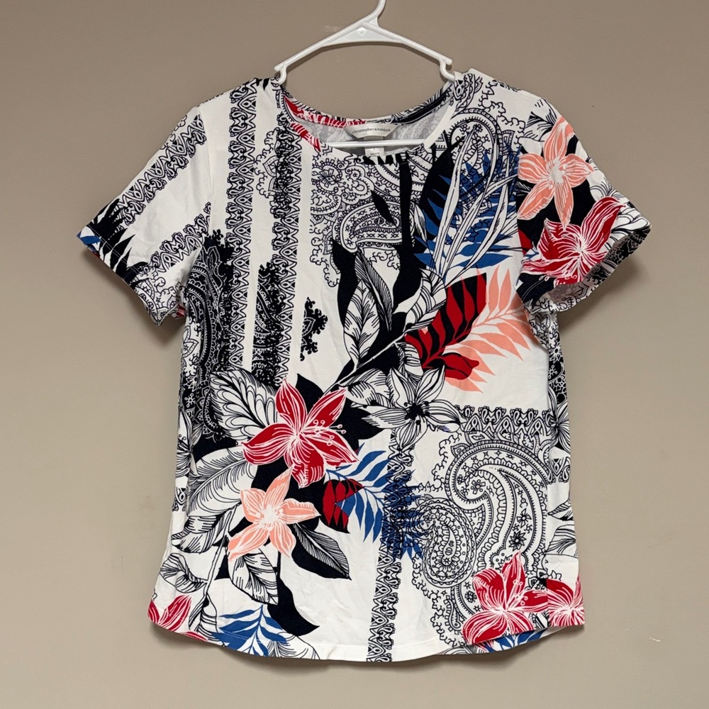 Christopher & Banks Red and Blue Floral Short Sleeve Top